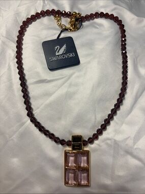Swarovski Burgundy Beaded Necklace with Pink Crystal Grid Pendant